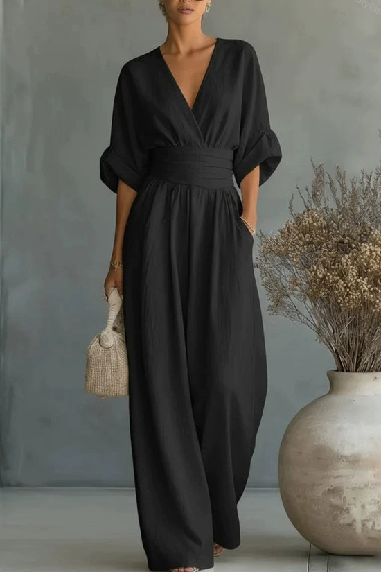 Summer Short-sleeved Jumpsuit Fashion Casual V-Neck Wide-Leg Pants Womens Clothing 