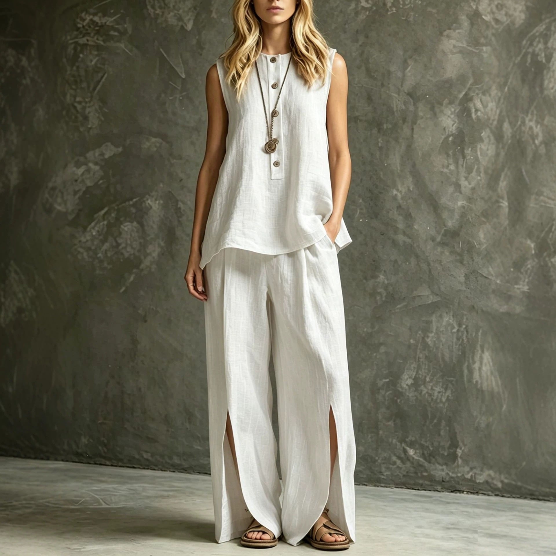 Womens Loose Sleeveless Tank Top And Slit Wide-Leg Pants Set 