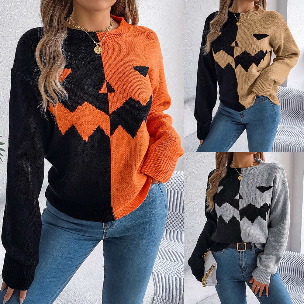 Women’s Spooky Pumpkin Contrast Long-Sleeve Pullover Sweater CJ US