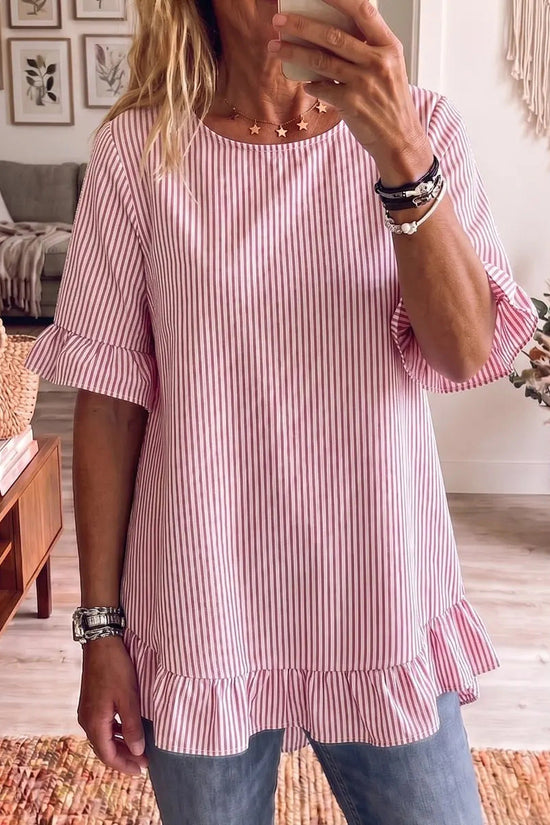 Womens Striped Loose-fit Casual Ruffled-edge Blouse 