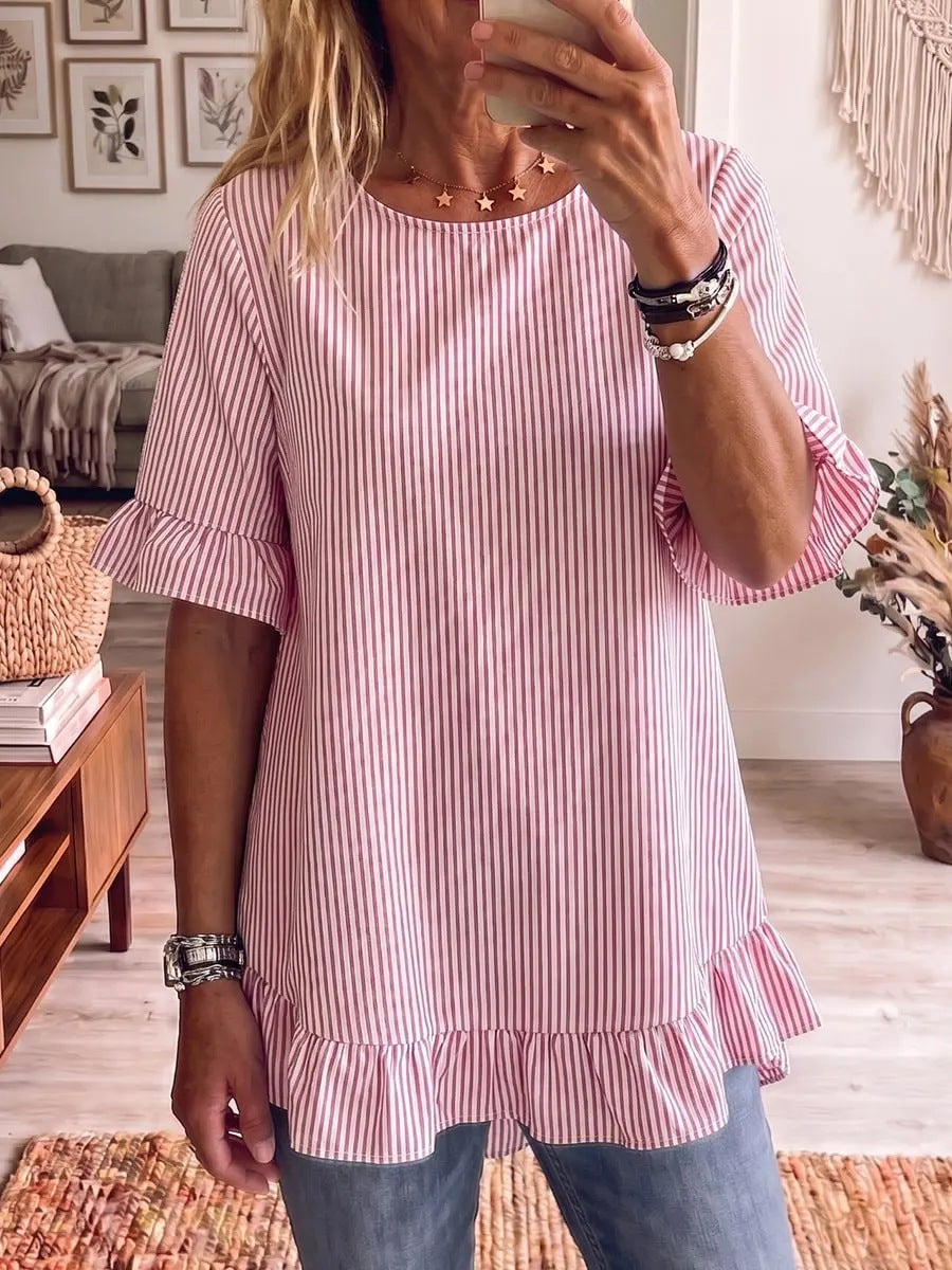 Womens Striped Loose-fit Casual Ruffled-edge Blouse 