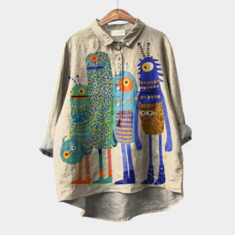 Womens Relaxed-fit Printed Lapel Casual Shirt 