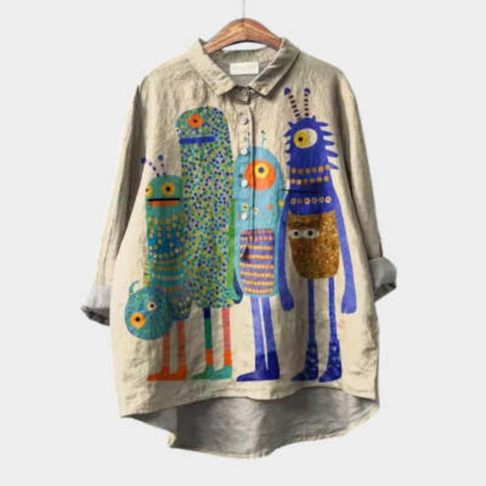 Womens Relaxed-fit Printed Lapel Casual Shirt 