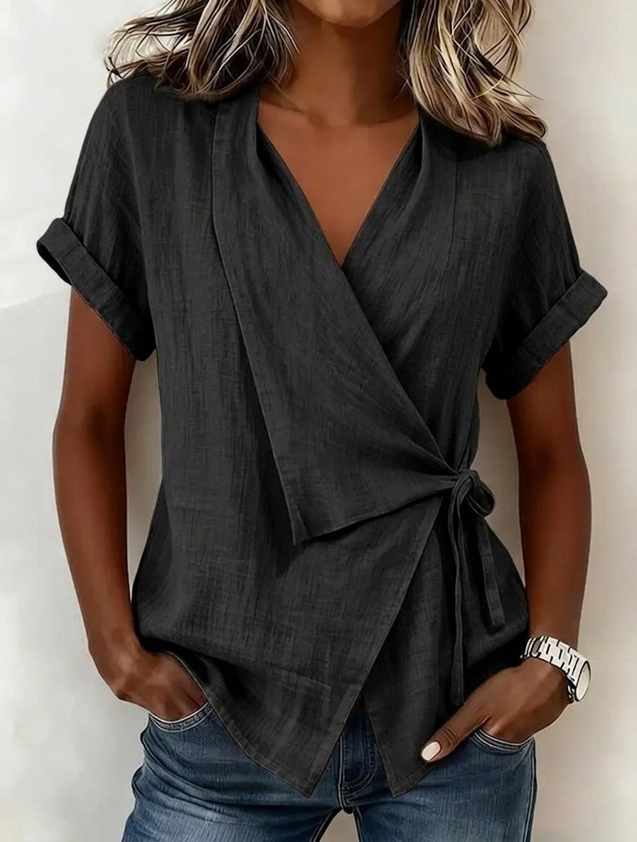 Women's Casual Lapel Collar Lace-Up Short-Sleeve Top 