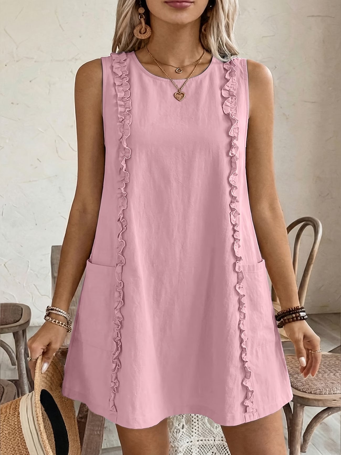 Women's Solid-Color Ruffle-Trimmed Dress 