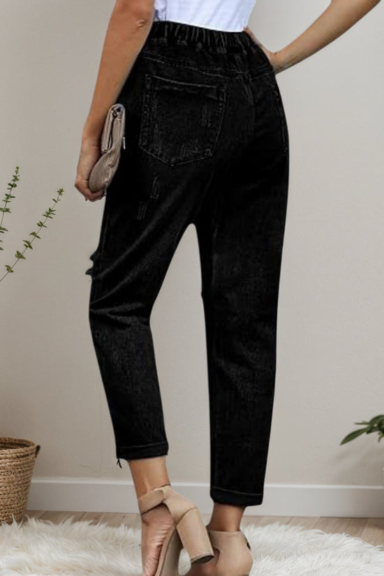 2025 New Women's Casual Set Wearing Distressed Stretch Jeans, Elastic Waisted Jeans, Denim Jogging Pants CJ US