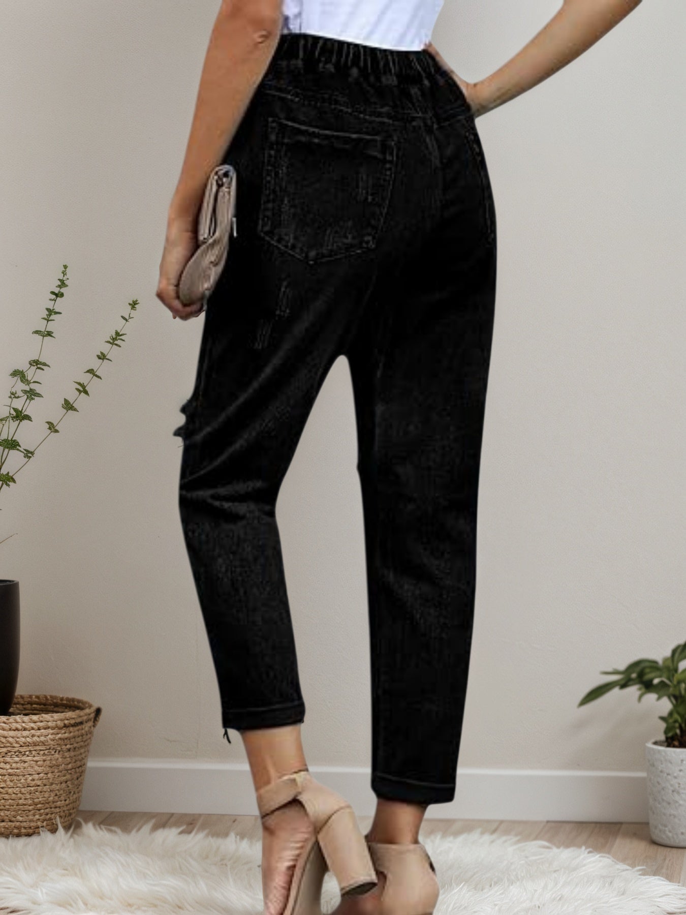 2025 New Women's Casual Set Wearing Distressed Stretch Jeans, Elastic Waisted Jeans, Denim Jogging Pants CJ US