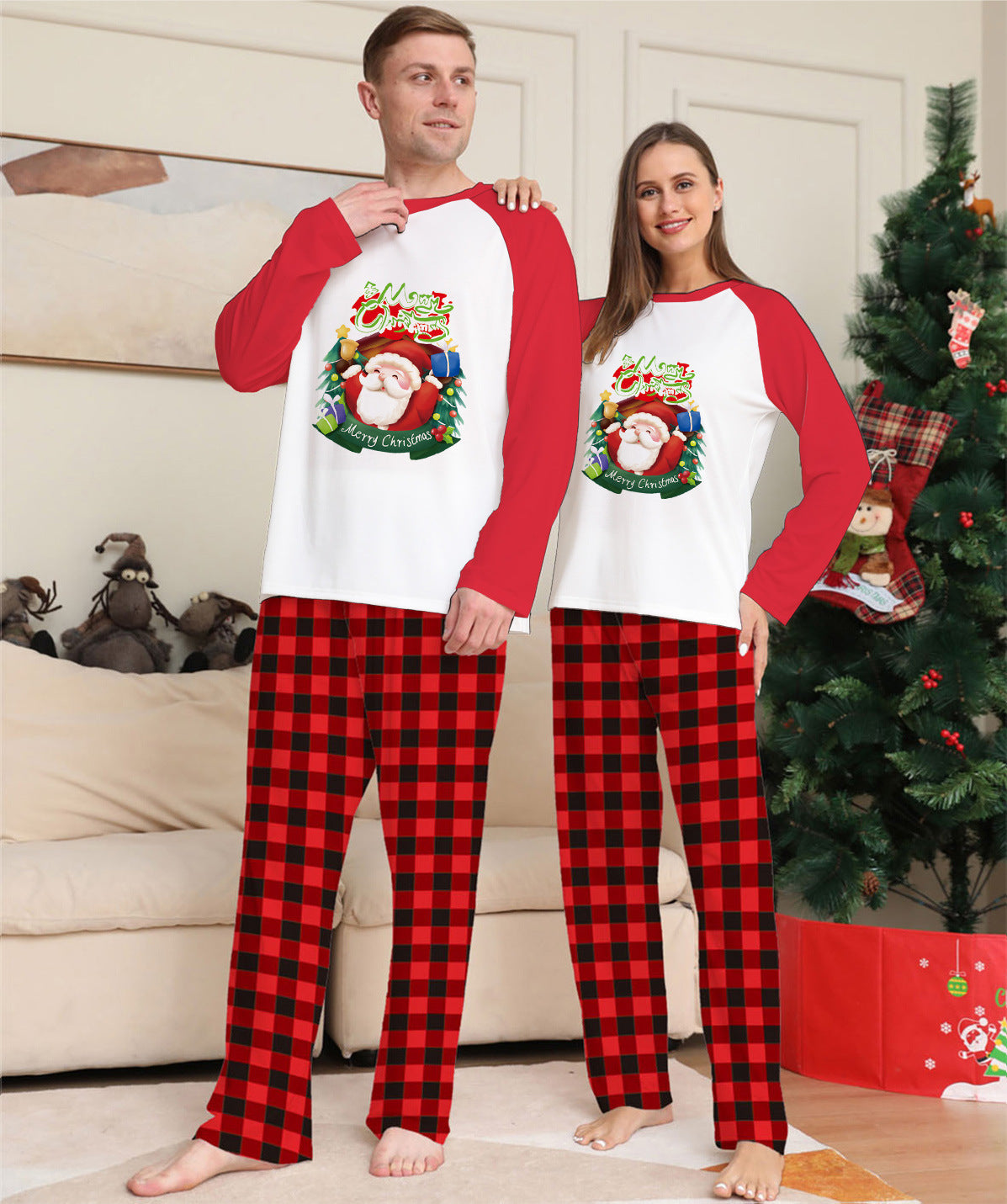 Christmas Parent-Child Clothes Set Long Sleeve T-Shirt Plaid Pants Family Matching Pajamas CJ