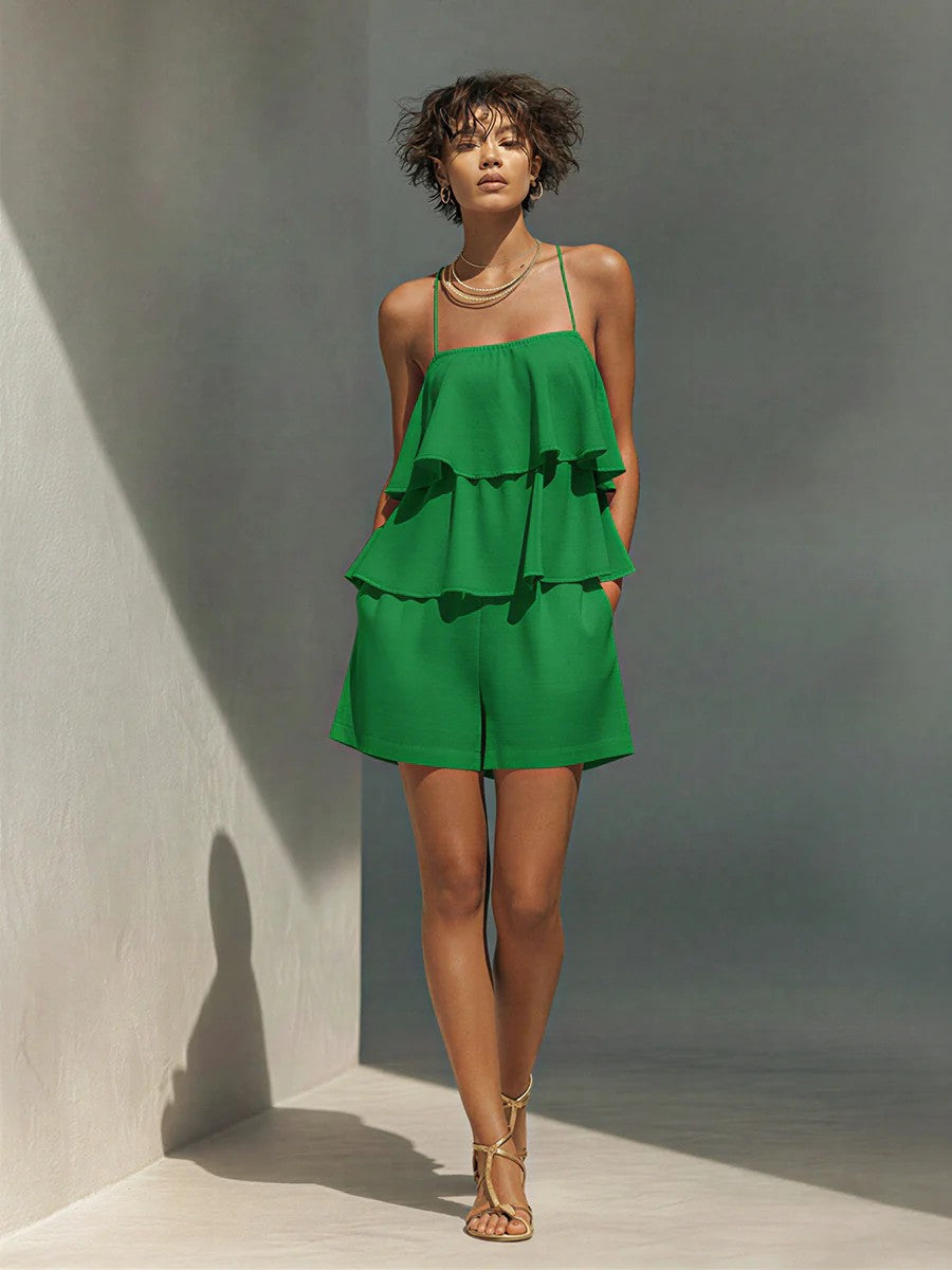 Multi-layer Ruffle Loose Camisole And Shorts Set 