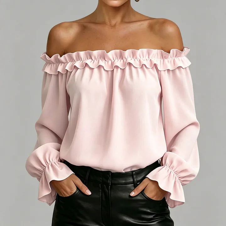 Spring Summer New Elegant Casual Ruffle Off-Shoulder Long-Sleeve Shirt For Women 