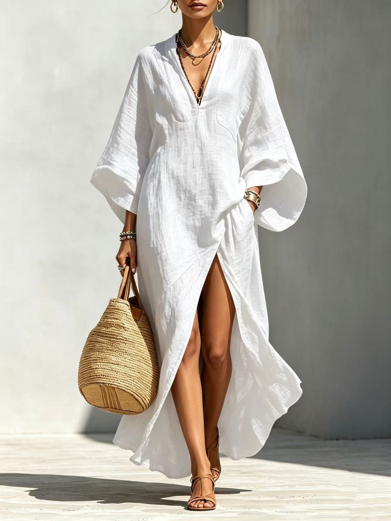 Batwing-sleeve Loose-fitting Maxi-length Resort Dress 