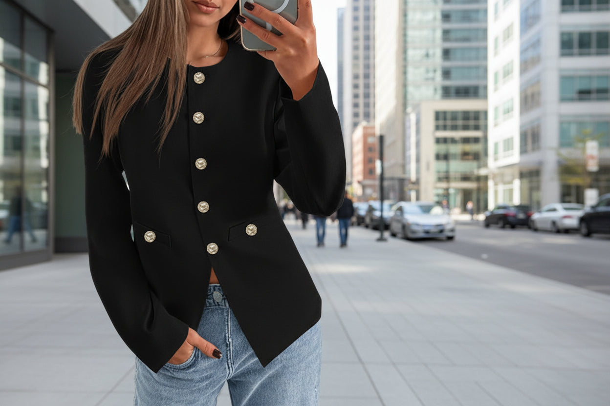 Round Neck Long Sleeve Button Cardigan 
