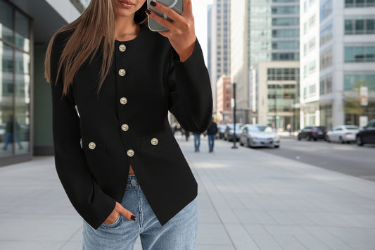 Round Neck Long Sleeve Button Cardigan 