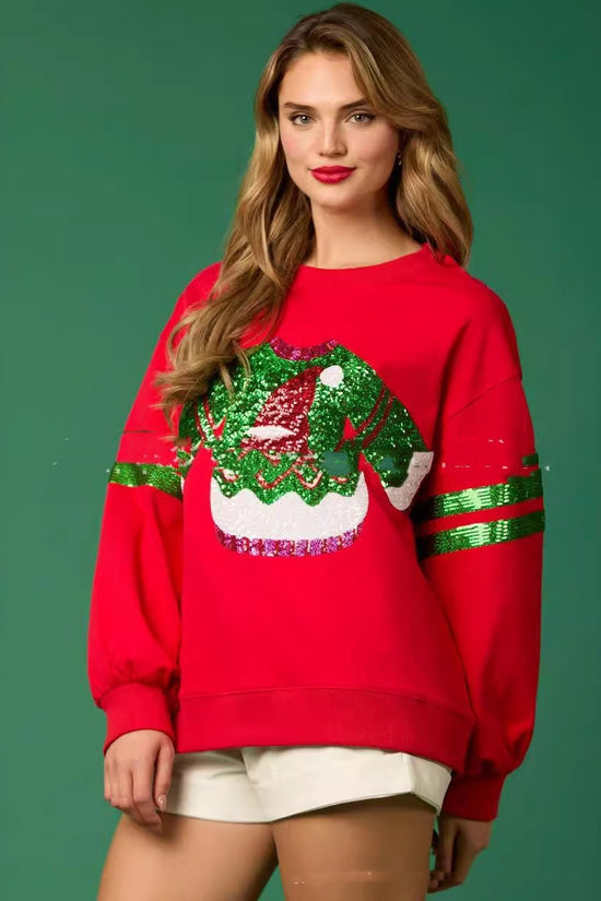 Women's Christmas Sequined Round Neck Top Casual Sweatshirt CJ
