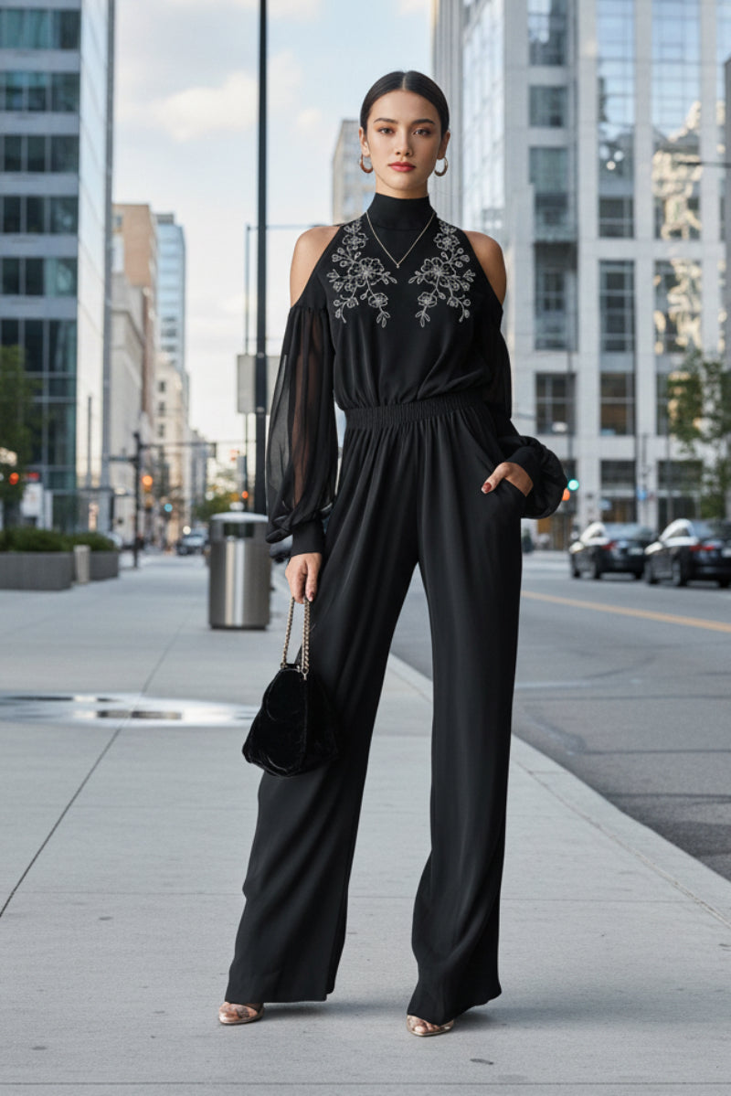 Black Embroidered Womens Long-Sleeve Wide-Leg Jumpsuit 
