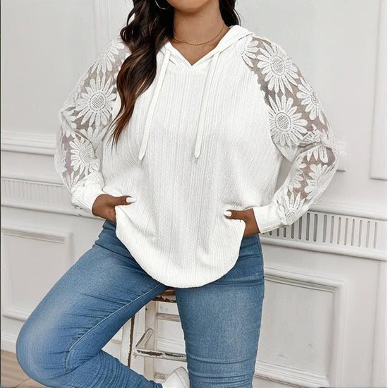 Women's Plus Size Hoodie Lace Long Sleeve Pullover Top, Fall Casual Drawstring Sweatshirt CJ US
