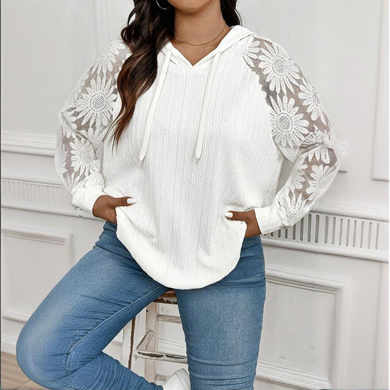 Women's Plus Size Hoodie Lace Long Sleeve Pullover Top, Fall Casual Drawstring Sweatshirt CJ US