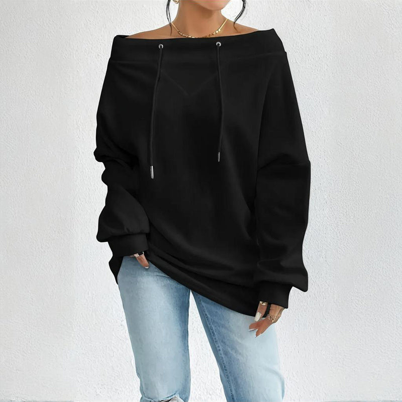 Plus Size Women's Solid Color Off-Shoulder Long Sleeve Pullover With Drawstring - Casual Ribbed Detail Top For Spring&Fall CJ US