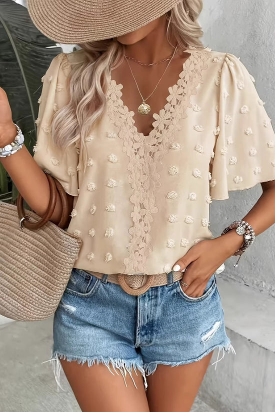 Women's V-Neck Lace-trimmed Short-sleeve Casual Top 