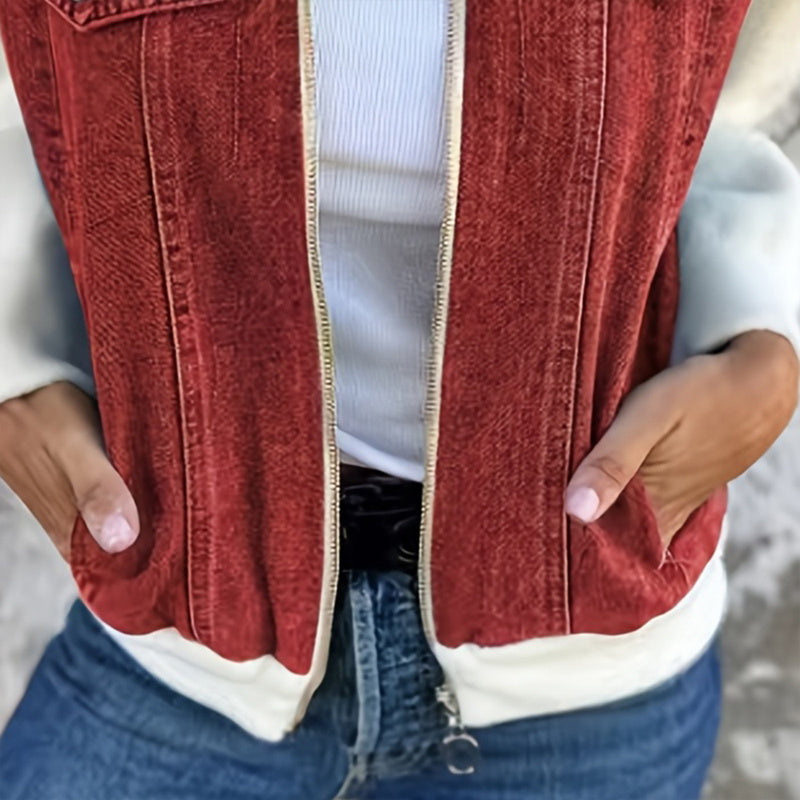 Women's Denim Patchwork Zip-Up Jacket Stand Collar Casual Coat With Button-Decorated Flap Pockets Fall Winter Fashion Outerwear CJ US