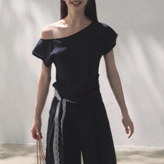 Linen Off-shoulder Short-sleeve Shirt Casual Set 