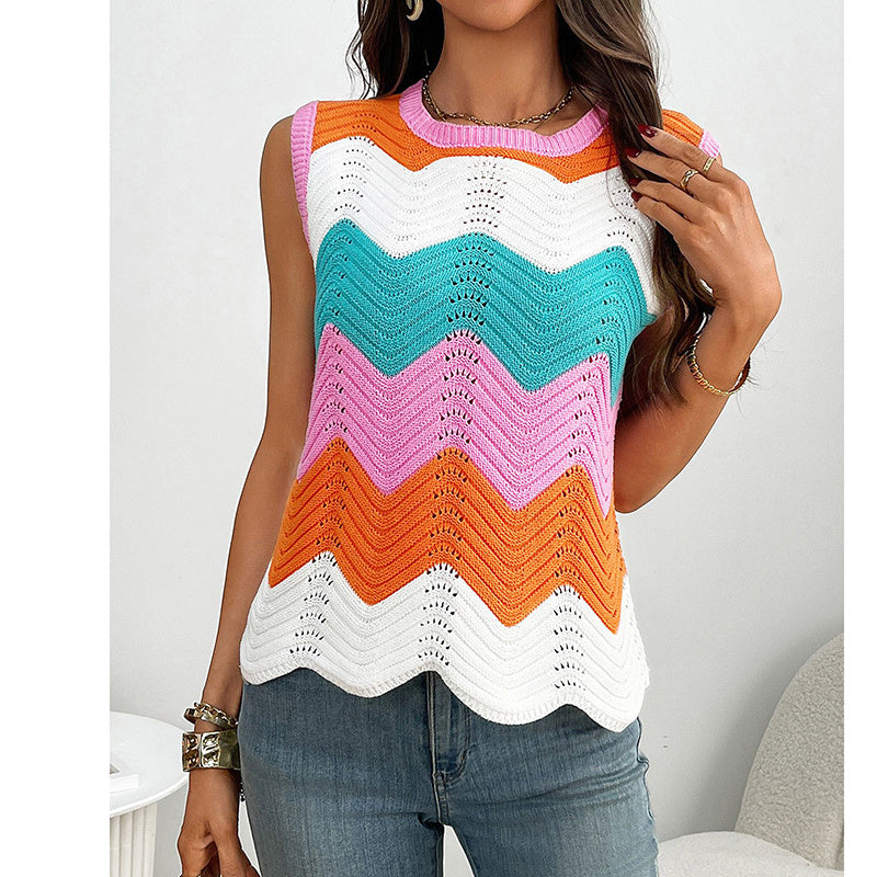 Womens Summer Rainbow Striped Sweater Vest Sleeveless Knit Crew Neck Color Block Going Out Cropped Tank Top CJ US