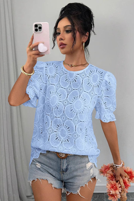 Casual Hollow-Out Lace Puff-Sleeve Shirt Top 