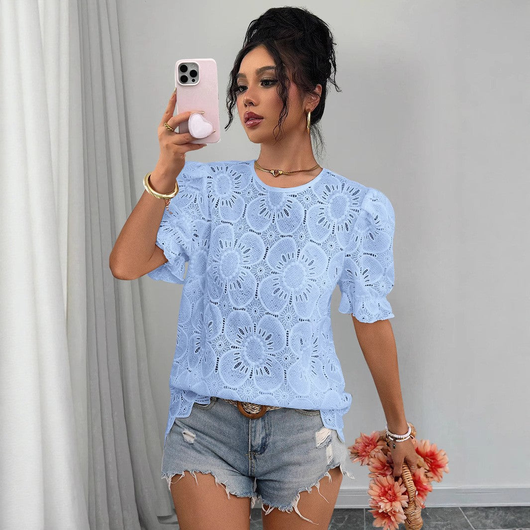 Casual Hollow-Out Lace Puff-Sleeve Shirt Top 