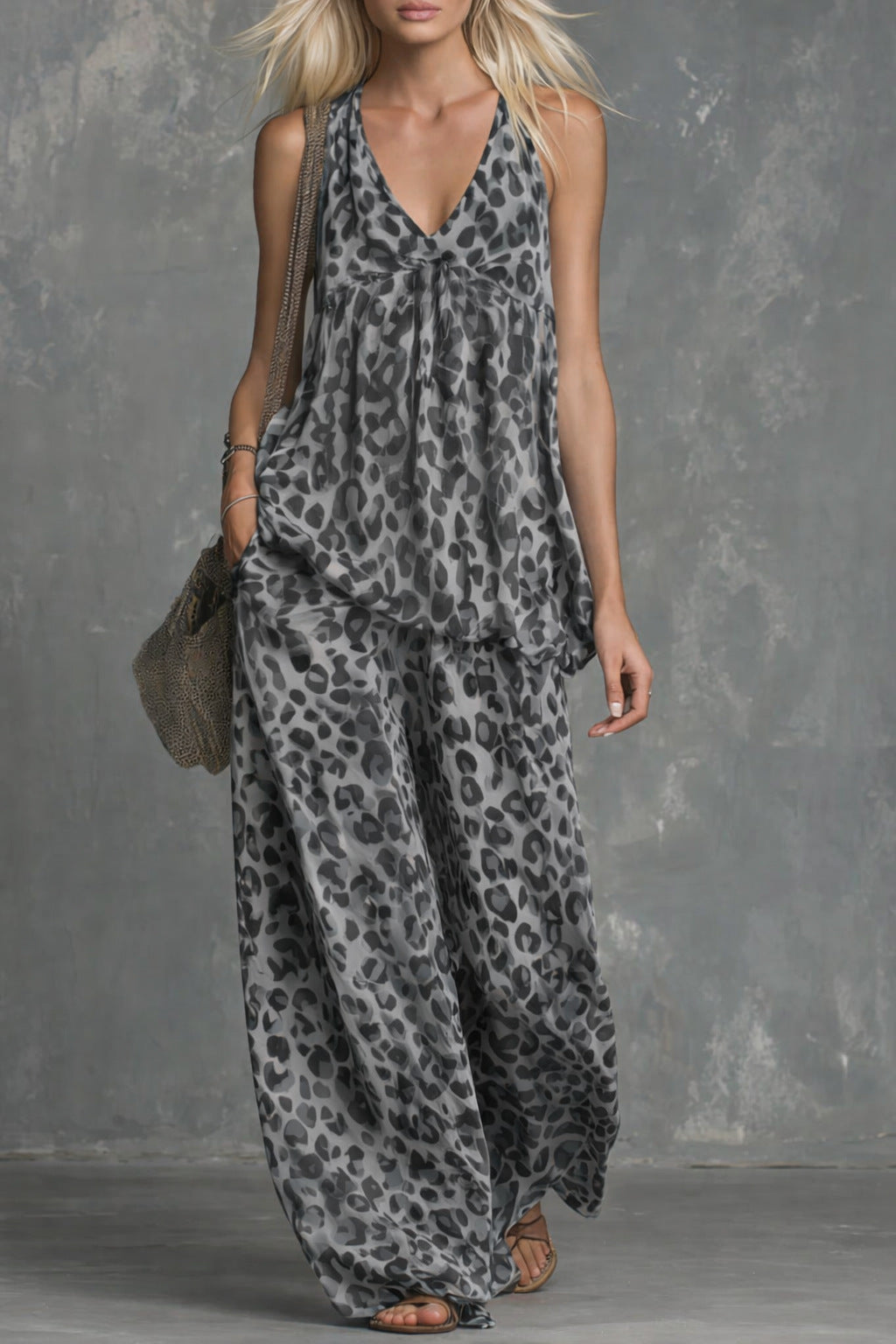 Womens Loose-Fitting Leopard-Print Sleeveless Top And Chiffon Pants Set 