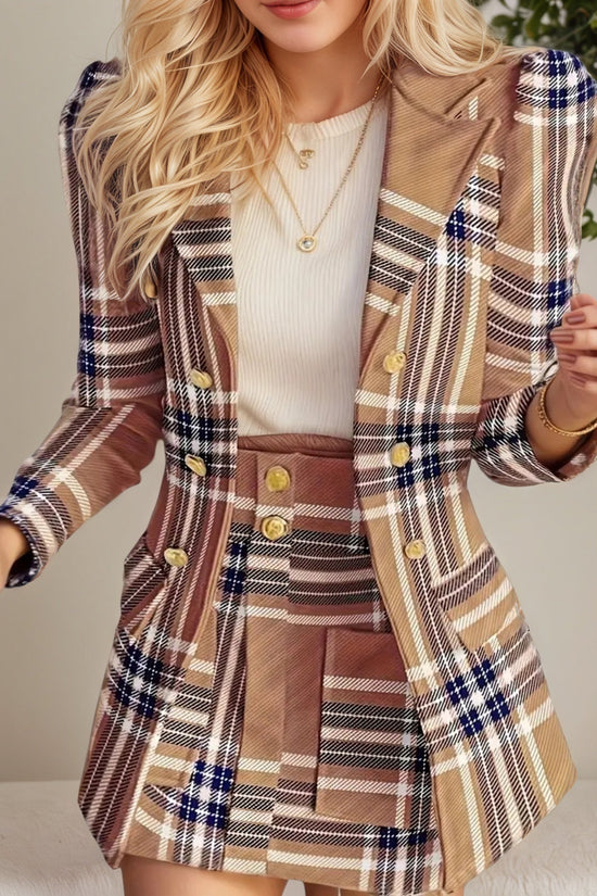 Women's Elegant Set, Double Breasted Long Sleeved Plaid Lapel Jacket&plaid Skirt With Pockets, Double Breasted Closure, Perfect For Work And Formal Occasions - Ideal Gift For Women CJ US