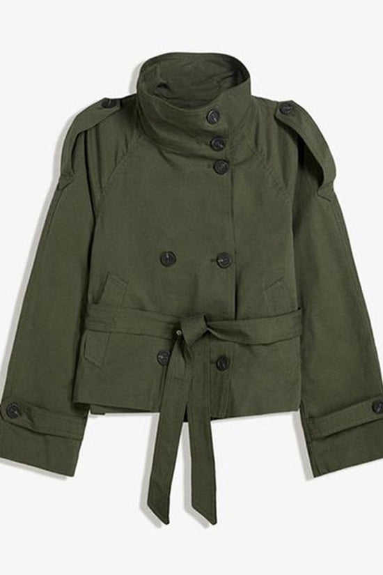 Womens Buttoned Waist-Cinching Lace-Up Trench Coat 