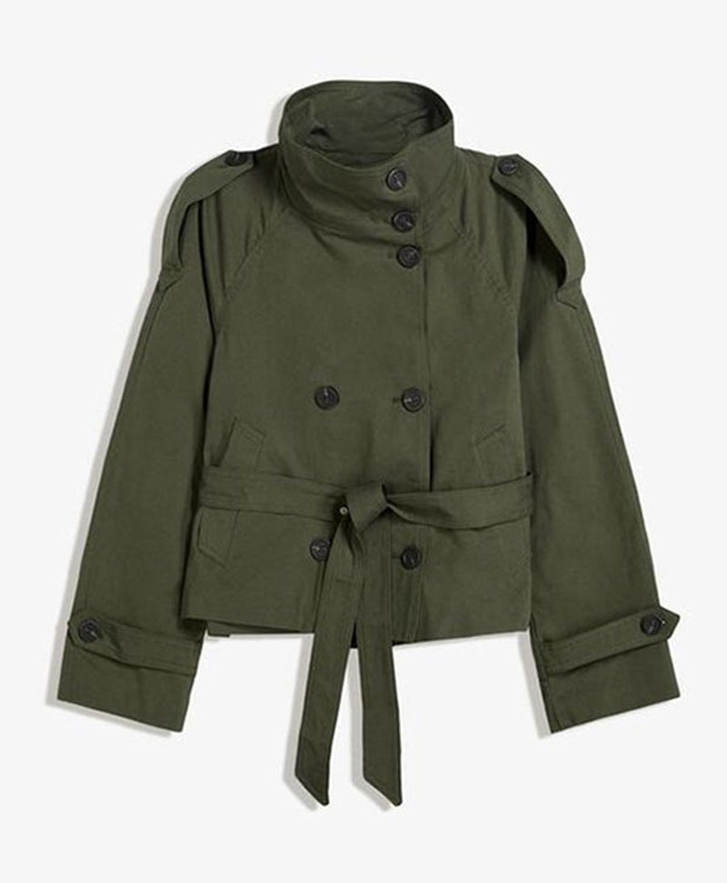 Womens Buttoned Waist-Cinching Lace-Up Trench Coat 