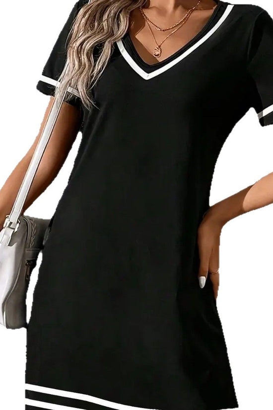 V-neck Fashionable And Elegant Contrast-color Short-sleeve Dress 