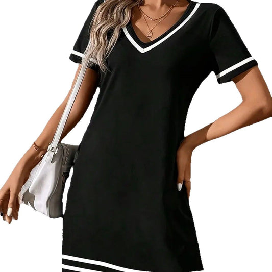 V-neck Fashionable And Elegant Contrast-color Short-sleeve Dress 