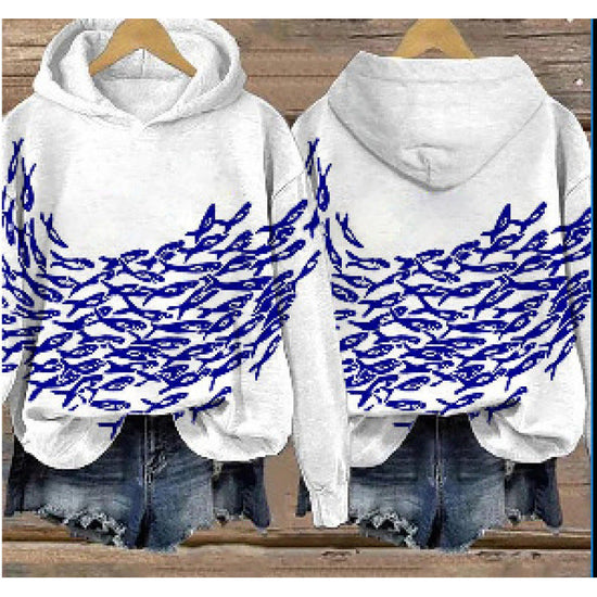 Womens Printed Hooded Long-Sleeve Pullover Sweatshirt 