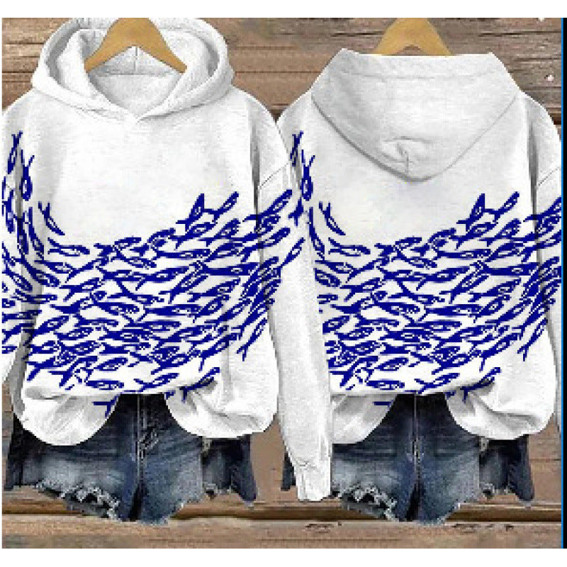 Womens Printed Hooded Long-Sleeve Pullover Sweatshirt 