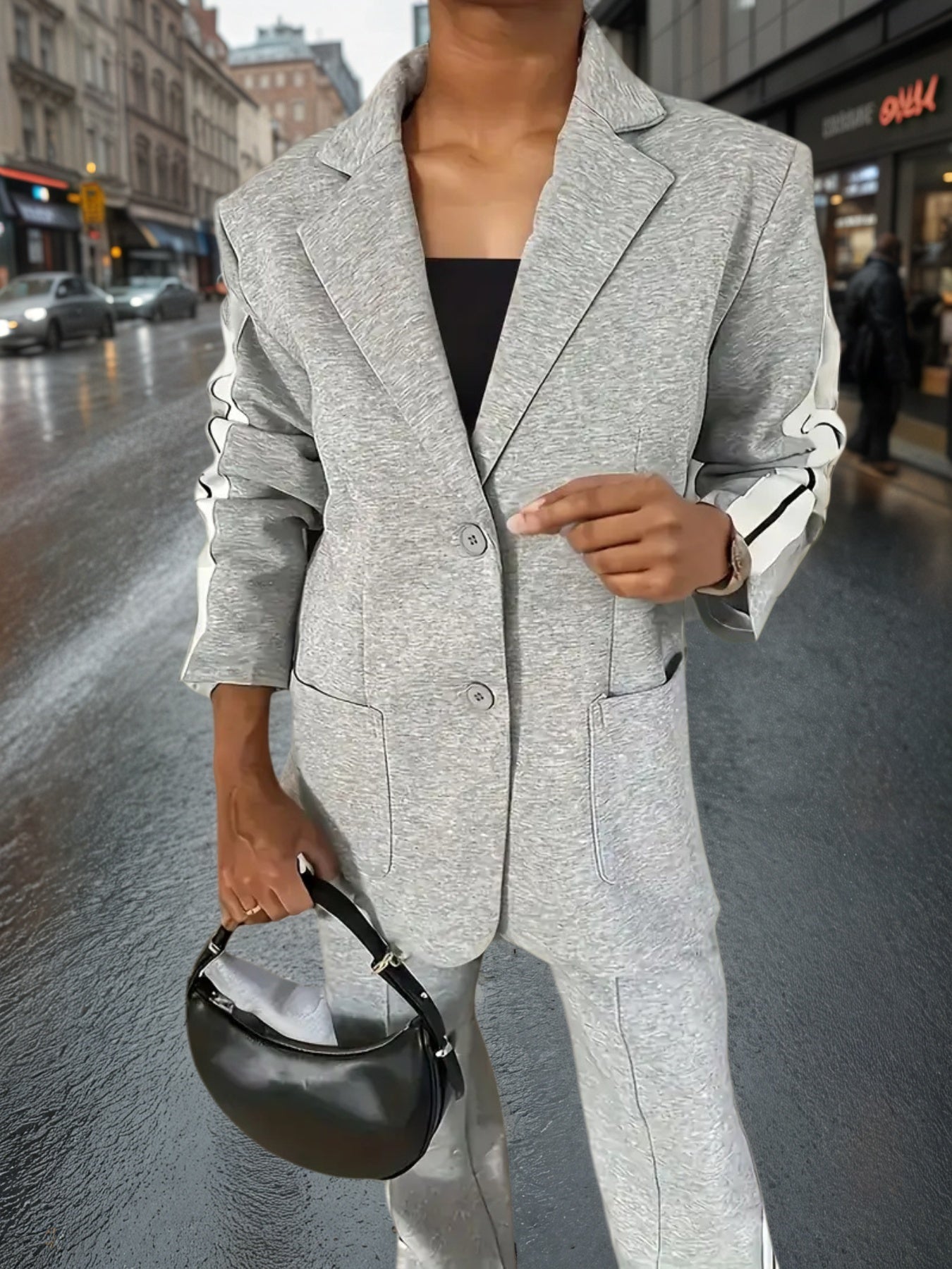 Women's New Fashionable And Elegant Women's Suit Top&pants Set - Long Sleeved Pants With Side Striped Details On The Collar, Spring And Autumn Solid Color Casual Wear, Flannel, Suit CJ US