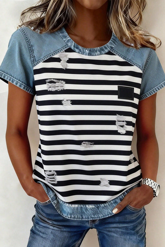 Women's Retro Denim Patchwork Short-Sleeve Shirt – Loose Fit 