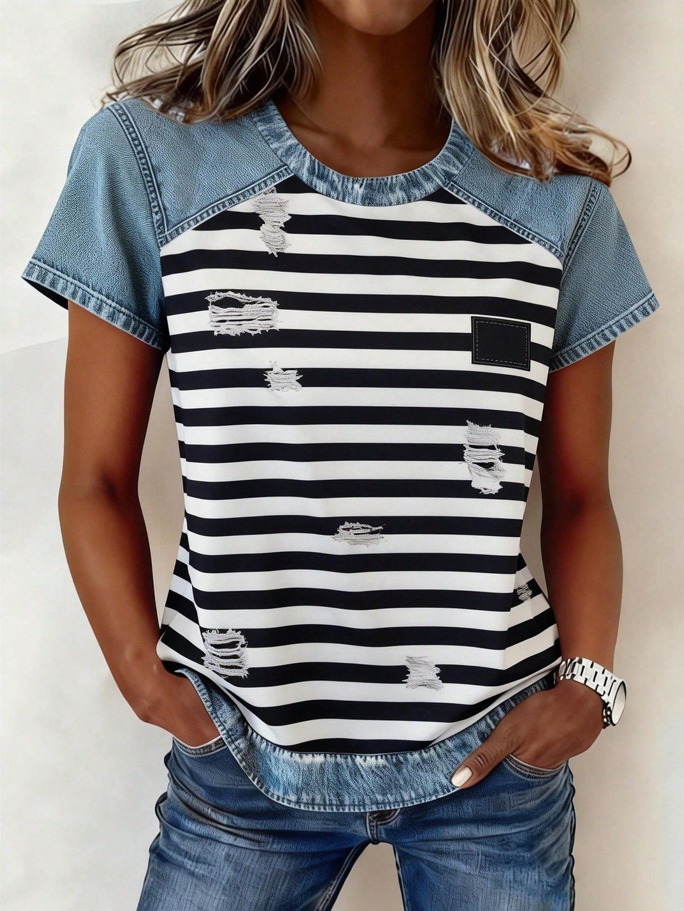 Women's Retro Denim Patchwork Short-Sleeve Shirt – Loose Fit 