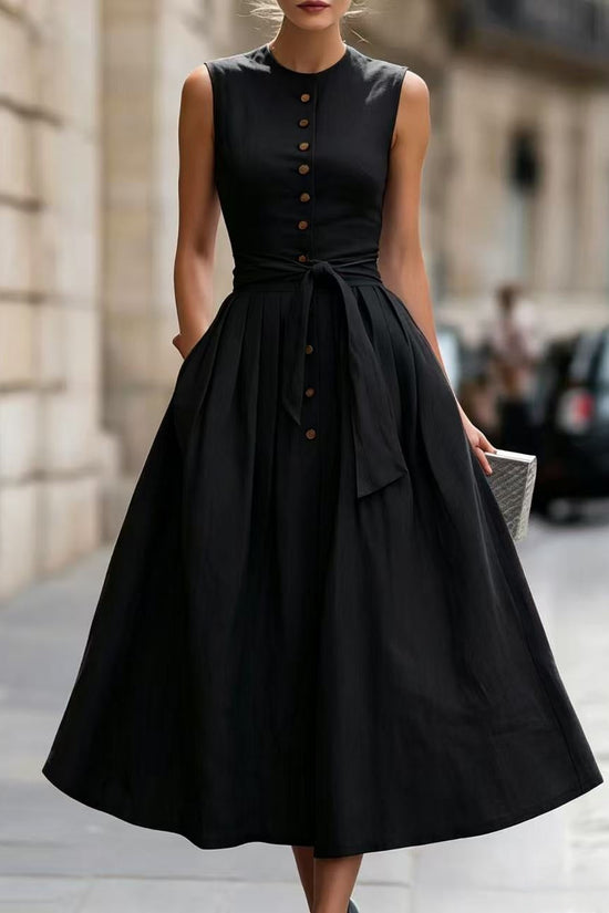 Fitted-waist, Sleeveless Cotton-linen Solid-color Maxi Dress 