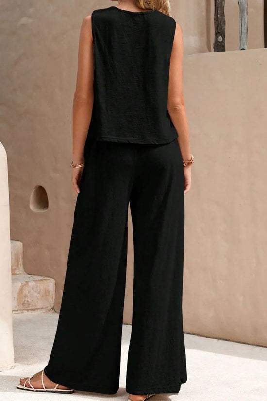 Round Neck Sleeveless Top and Wide Leg Pants Set 