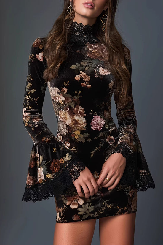 Vintage fashionable floral print lace spliced flared sleeve fitted short dress 