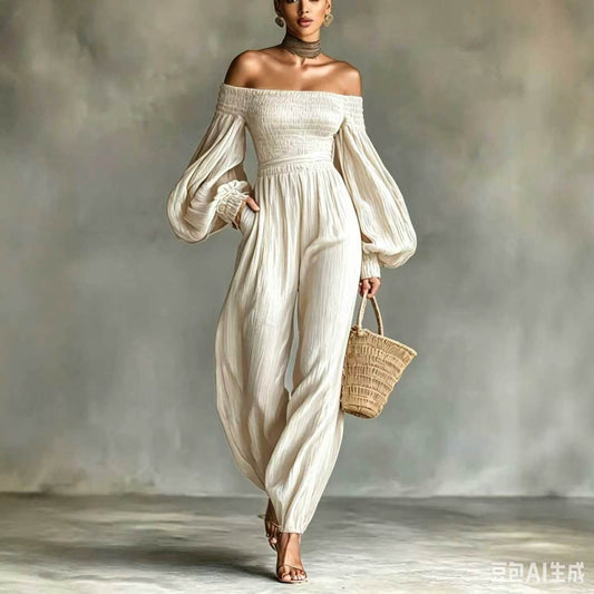 Style Off-Shoulder Lantern Sleeve Pleated Loose Jumpsuit for Women 