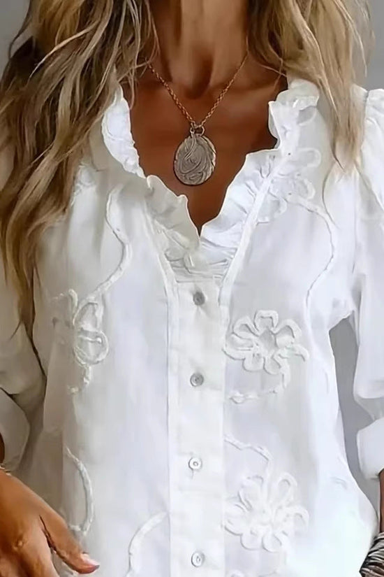 Lace-embroidered Cotton-linen Sweet Blouse 