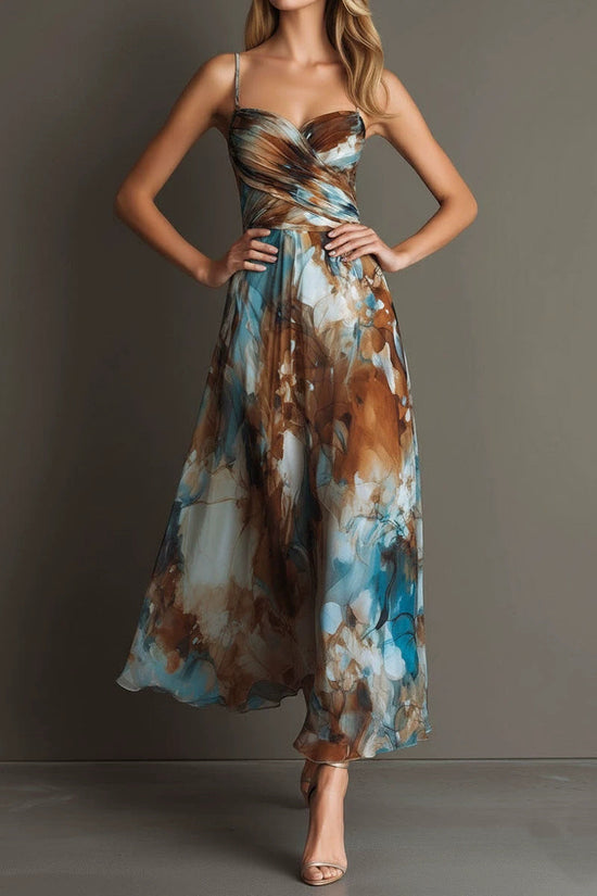 Fashionable Elegant Printed Dress with Sexy Straps, Waist-Cinching Flowy Beach Long Dress 