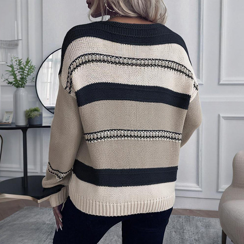 Women's French Vintage Striped Sweater, V-Neck Long Sleeve Stretch Knit Top For Fall Winter Layering 