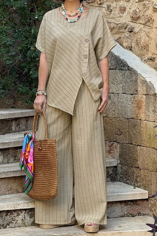 Striped Short-sleeve Shirt And Loose-fitting Pants Two-piece Set 