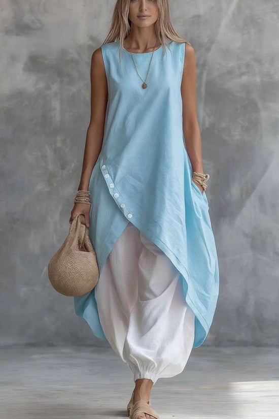Solid Color Sleeveless Loose Pocketed Mid-Length Dress Set 