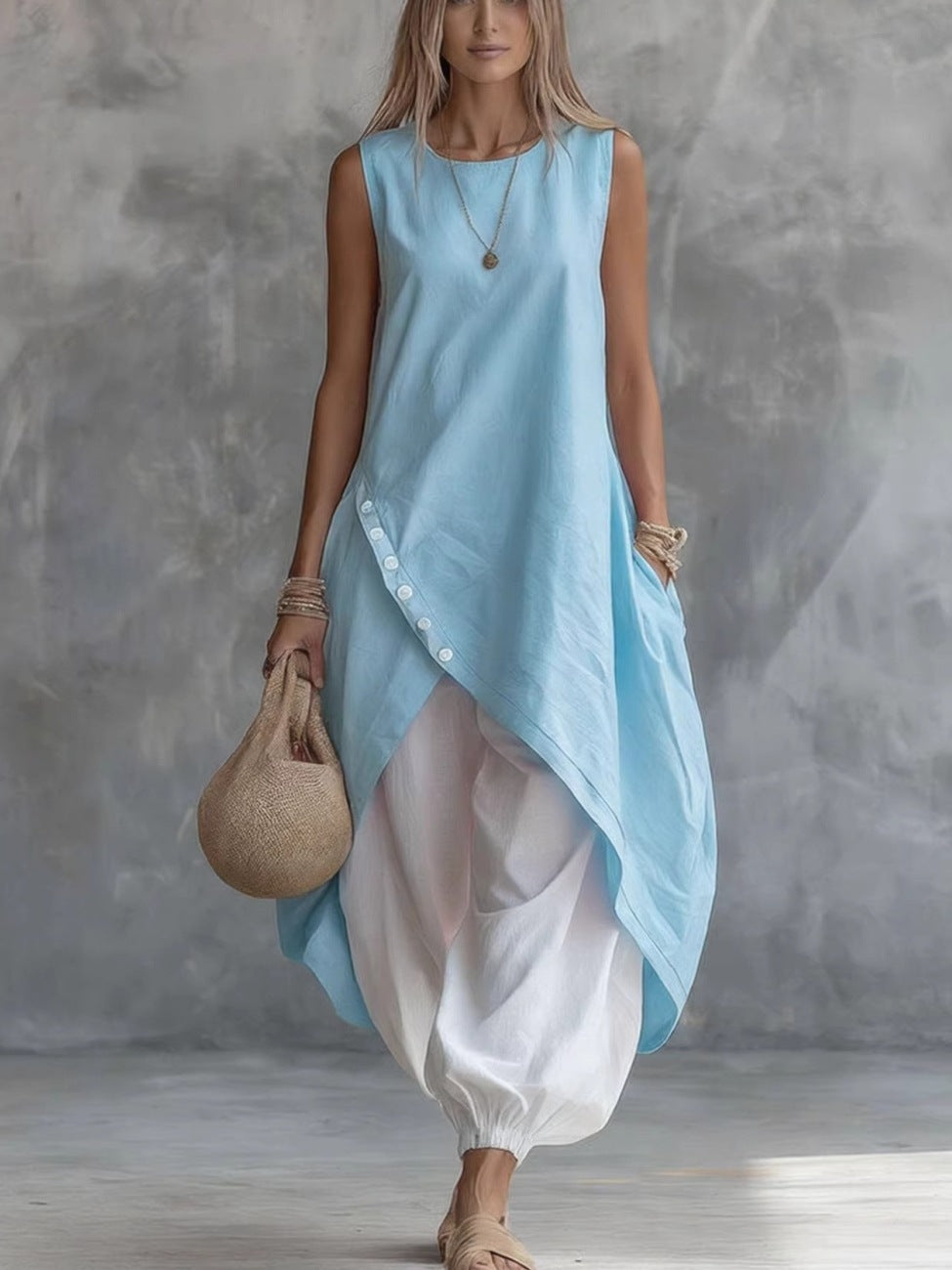 Solid Color Sleeveless Loose Pocketed Mid-Length Dress Set 