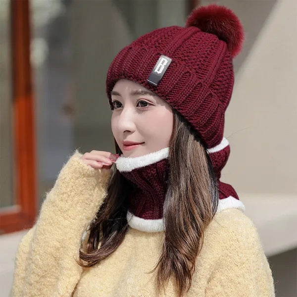 Winter Beanie Hat Scarf Set Women Warm Knitting Skull Cap 